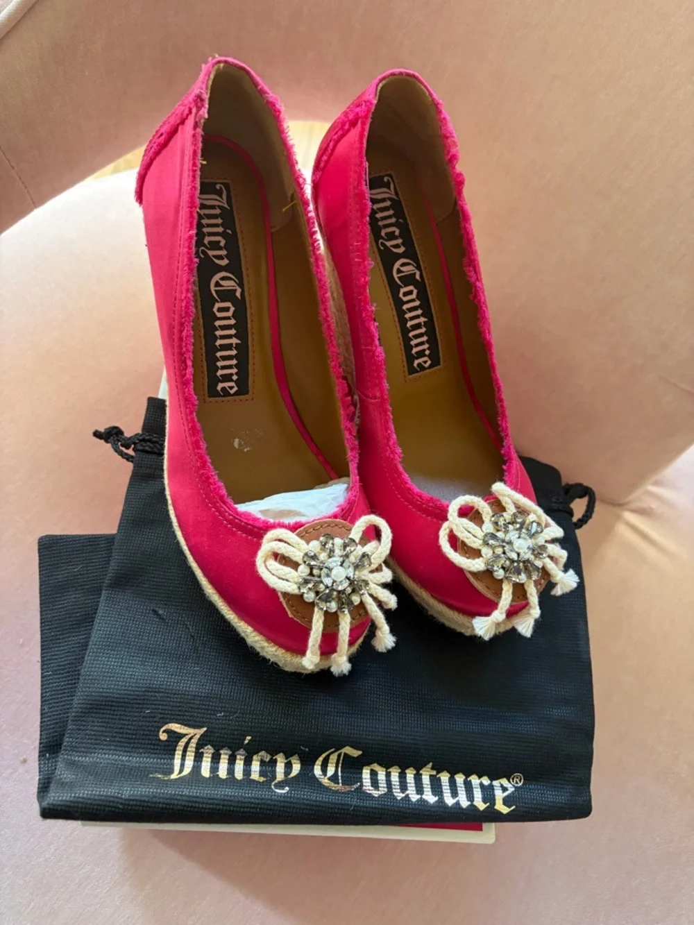 Juicy Couture Riana Pop Pink Satin Embellished Platform Wedge Heels